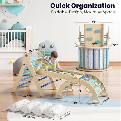 BlueWood Pikler Triangle Set, Foldable Wooden Toddler Climbing Toys Indoor Playground Jungle Gym Montessori Philosophy Climber for 2-6 Years Old, Baby, Kids (Sky Blue, with Cushion) - color: Sky Blue
