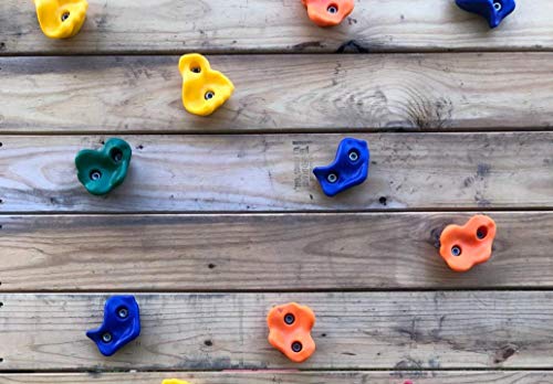 KINSPORY 20pc Rock Wall Climbing Holds for Kid, Play Set Climber Attachment | Colourful anti-slip pig nose rocks, two blue handles, complete mounting hardware for indoor outdoor playground building