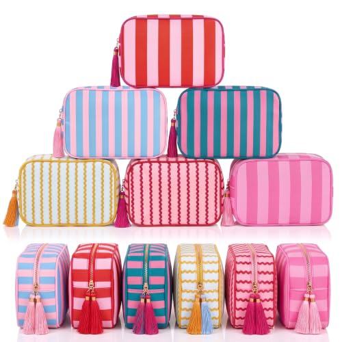 Kacctyen 6 Pack Mixed Color Striped Makeup Bag bulk with Tassel Travel Cosmetic Pouch Organizer Large Zipper Toiletry Case for Women Aesthetic Storage Pouch Mahjong Tile Bag - color: Mixed Color
