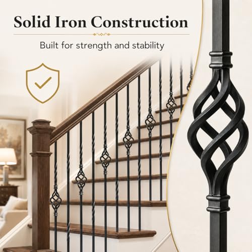 10 Pack 44 Inch Double Twist Iron Balusters with Swivel Shoes | Hollow 1/2 inch wrought iron balusters with double twist baskets and swivel shoes for angled or flat indoor stairs.