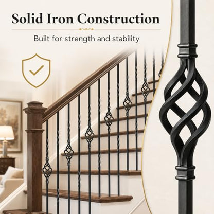 10 Pack 44 Inch Double Twist Iron Balusters with Swivel Shoes | Hollow 1/2 inch wrought iron balusters with double twist baskets and swivel shoes for angled or flat indoor stairs.
