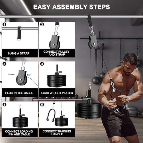 Cable Pulley System for Home Gym, Silent Heavy Duty Pulley Kit Fits 1 & 2" Plates, Tricep Pull Down & Bicep Curl Attachment for Power Racks, 350LBS Capacity Strength Training Equipment
