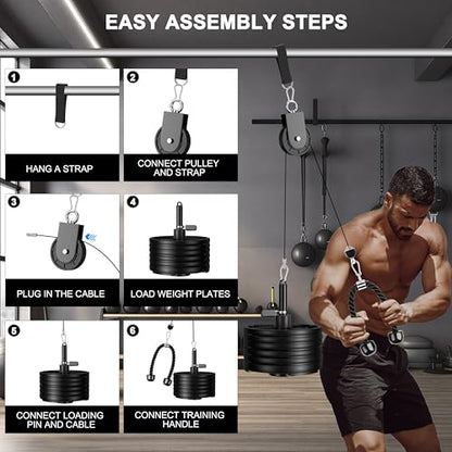 Cable Pulley System for Home Gym, Silent Heavy Duty Pulley Kit Fits 1 & 2" Plates, Tricep Pull Down & Bicep Curl Attachment for Power Racks, 350LBS Capacity Strength Training Equipment