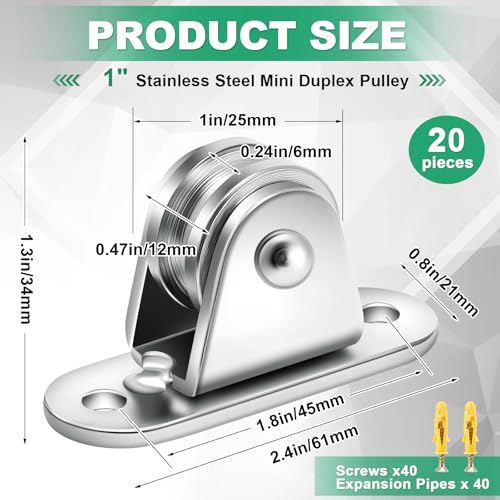 Yaocom 20 Pcs Small Pulley Block 1 Inch Wall Mount Pulley Stainless Steel Silent Pulley Wheel Loading 400lb Duplex Pulley Heavy Duty Fixed Pulley for Rope Cord Moving Wall Ceiling Mount DIY Project
