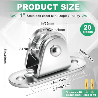 Yaocom 20 Pcs Small Pulley Block 1 Inch Wall Mount Pulley Stainless Steel Silent Pulley Wheel Loading 400lb Duplex Pulley Heavy Duty Fixed Pulley for Rope Cord Moving Wall Ceiling Mount DIY Project