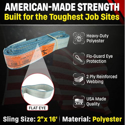Chenango Supply Eye & Eye 2 Ply Rigging DD Slings | USA-Made, Heavy Duty, Marine Flo Guard Polyester, for Lifting & Material Handling (Multiple Sizes and Capacities) - size: 2" x 16'