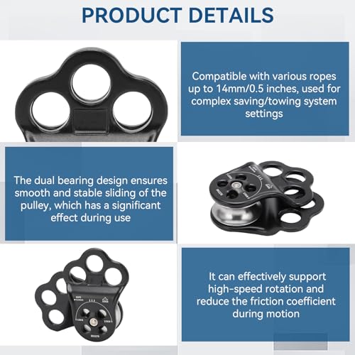 Climbing Pulley Climbing, 30KN Three Hole Side Plate Pulley Rope Climbing Pulleys for Rope, Rock Climbing, Rappelling, Zipline Sports, Compatible with up to 0.5in Ropes