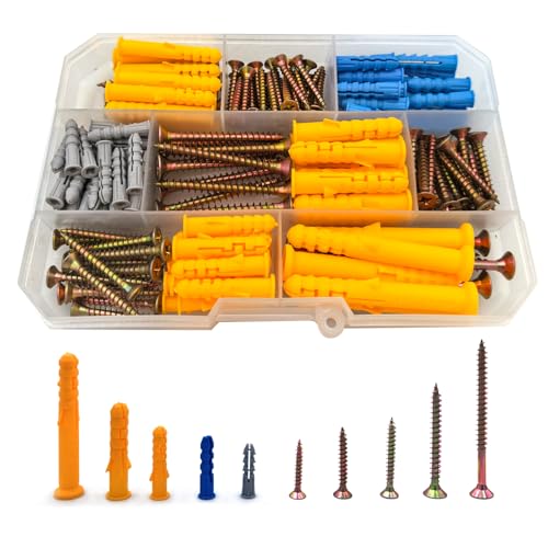 180PCS Drywall Anchor Assortment Kit, Drywall Anchors for Concrete & Tile, Multi-Material Compatibility, 90 Picture Hanging Anchors and 90 Chipboard Screw, 6 Size Screw Set - size: 180pcs