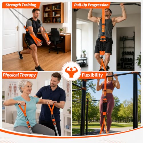 2 in 1 18PCS Heavy Resistance Bands & Assisted Pull Up Bands Combo – 300LBS/225LBS with Non-Slip Handles, Ankle Straps, Door Anchor, Adjustable Bands & Foot Pedals for Strength Training