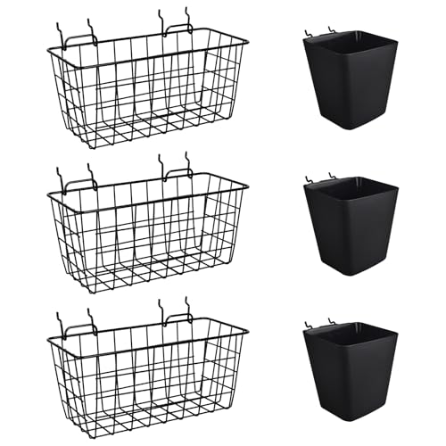 Pegboard Basket Organizer Set, 6 Pack Peg Board Baskets & Bin Cups (Black) | 1/4" 1/8" Pegboard Organizer Accessories, Large Baskets Bins Cups for Garage Craft Office Wall Storage Display Organization - color: Black & Black