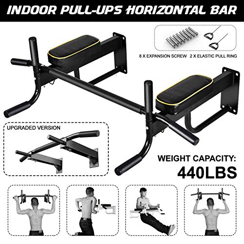 Power Tower,Wall Mounted Chin Up Pull Up Bar with 2 Resistance Band,Fitness Dip Stand Supports to 440 Lbs, Red