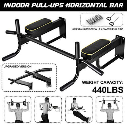 Power Tower,Wall Mounted Chin Up Pull Up Bar with 2 Resistance Band,Fitness Dip Stand Supports to 440 Lbs, Red