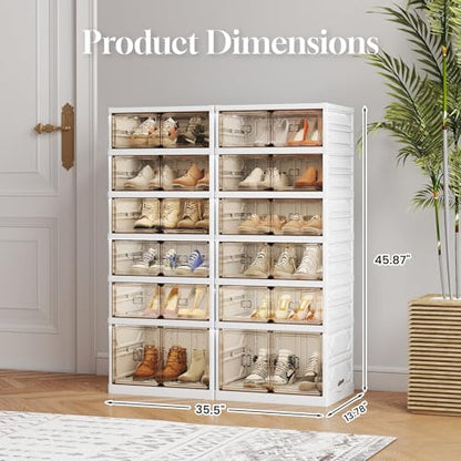 6-Tier Foldable Shoe Rack Organizer, 24 Pairs Stackable & Collapsible Shoe Cabinet with Transparent Doors & Leather Handles, Space-Saving Storage for Entryway, Closet, Kitchen, Cabinet, White - size: 6 Tiers