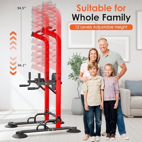 SogesPower Pull Up Bar Station Power Tower,12-Level Adjustable Heights | 66.1" to 94.5"Pull Up Dip Station for Home Gym, Pull Up Bar Stand Dip Bar Strength Training Fitness Equipment - color: Red