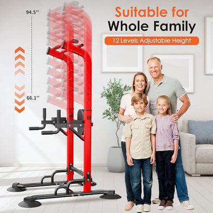 soges Power Tower Pull Up Bar Station, Dip Station for Home Gym, Height Adjustable Heavy Duty Strength Home Training Fitness Workout Equipment - color: Red-Bands