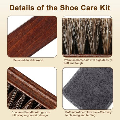 3-Piece 100% Horse Hair Shoe Brush Kit for Leather Care – Professional Dauber Applicators and Polishing Brushes with Cleaning Cloth for Leather Shoes, Boots, Bags, Jackets & Car Detailing