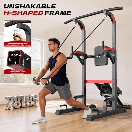 Power Tower Pull Up Bar Free Standing,Multi-Level Adjustable Height Dip Station, Multi-Grip Handles,Backrest,Home Gym Strength Training Equipment with Power Elastic Ropes,Capacity 400LBS