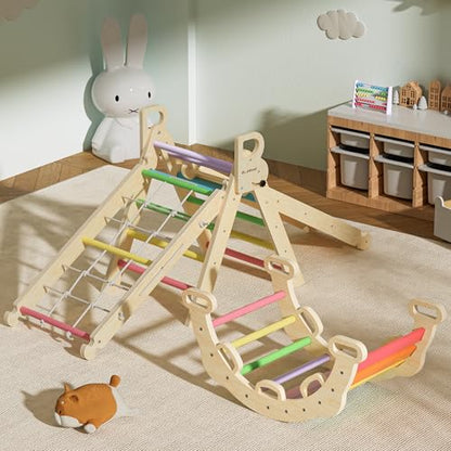 BlueWood 2024 8-in-1 Pikler Triangle Climbing Set Toddler Toys Indoor Baby Jungle Gym Climber Playground for Kids - Rainbow - color: Rainbow