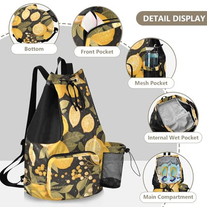 GuoChe Drawstring Backpacks Gym Swim Bag With Inside Pockets Pull String Bag Waterproof Chic Lemons Limes Black - color: Chic Lemons Limes Black