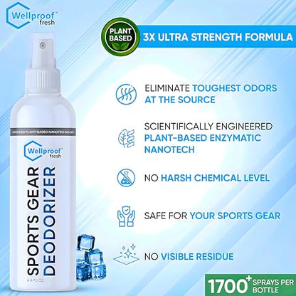 2-in-1 Sports Cleaner & Odor Eliminator - 3X Powerful Nano-Enzyme Deodorizer for Gloves, Hats, Helmets, Cleats, Shoes, Clothes, Bags, Sports Equipment & Athletic Gear | Remove Stink & Dirt