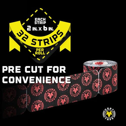 Thumb Strips Pre Cut Athletic Tape for Fingers - Black 2" x 6" - Extra Sticky Elastic Athletic Thumb Tape for Weightlifting, Cross Training, Gym Grips, Hook Grip, WOD Workout Hand Wrap