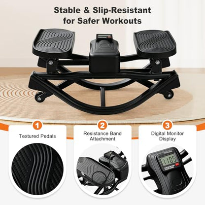 Rocking Steppers for Exercise at Home 3D Motion Stair Stepper with Resistance Bands 350 LBS Loading Capacity Exercise Equipment Low-Impact Balance Board for Full Body Workout - color: Black