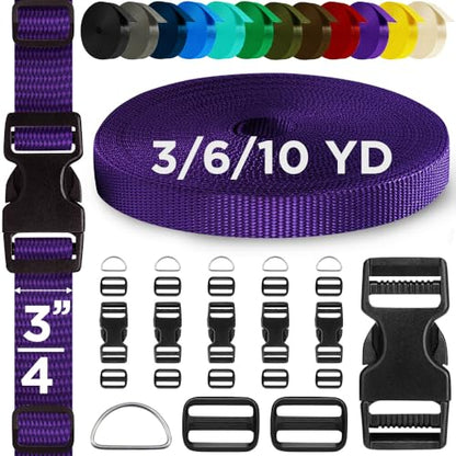 TECEUM 3/4" Nylon Strap Kit with Buckles, Dark Purple 6 yards Repair Set | Heavy duty hardware kit: 6yd webbing, 6 quick release buckles, 12 tri-glide slide clips, 6 metal D-rings for crafting. - color: Dark Purple, size: 3/4" - 6 yards, style: 6 Buckle -