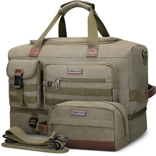 WITZMAN Duffle Bag for Men 50L Travel Canvas Weekender with Toiletry Bag | With Shoe Compartment and Dry-wet Pocket, Convertible, Carry On, One Duffel for Gym, Sports, Overnight, A8010/2 Army Green - color: Army Green