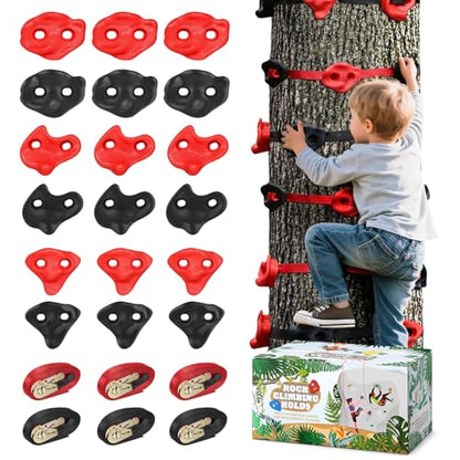 TOPNEW 18 Ninja Tree Climbing Holds for Kids Climber, Red & Black Tree Climbing Kit with 6 Ratchet Straps for Outdoor Ninja Warrior Obstacle Course Training - style: 18 Black and Red Climbing Holds