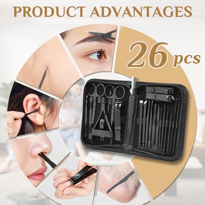 MINKINH Manicure Set Professional Nail Clipper Kit-26 Pieces for Men, Black | Stainless Steel Manicure Kit, Nail Care Tools with Luxurious Travel Case Nail Grooming Kit Gift for Husband Boyfriend Parent - color: Black