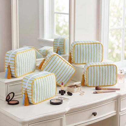 Kacctyen 6 Pack Mustard Yellow and Sage Green Striped Makeup Bag bulk with Tassel Travel Cosmetic Pouch Organizer Large Zipper Toiletry Case for Women Aesthetic Storage Pouch Mahjong Tile Bag - color: Mustard Yellow and Sage Green