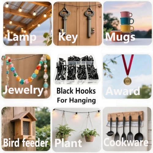 150 PCS 7 Shaped Right Angle Screw Hooks Sets,Black 6 Sizes Screw in L Shaped Hooks for Hanging Lamp,Plants,Decorations,kitchenware and DIY Crafts,(1/2",5/8",3/4",7/8",1",1-1/4") - size: 6sizes 150pcs