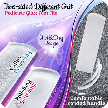 GLADZY Genuine Czech Glass Nail File Set - Callus Remover Foot Rasp, Cuticle Pusher Manicure Stick, Double Sided Etched Different Grit Surface, Professional Nail Care Tool, Made in EU - color: All-in-one Set - Orange Magenta