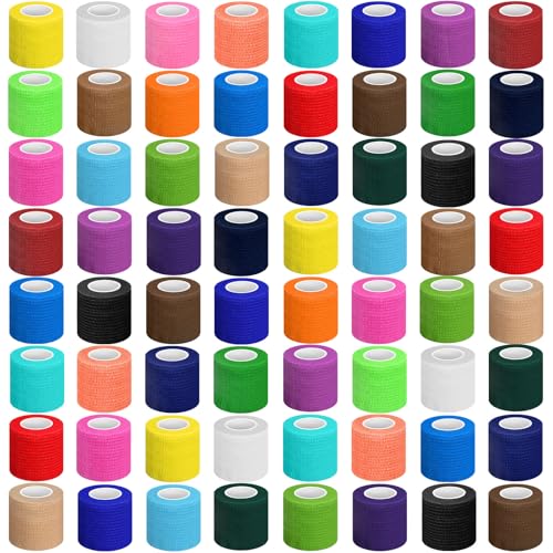 Treela 64 Pack 2" x 5 Yards Self Adhesive Cohesive Bandage Wraps, Elastic Breathable Athletic Tape, Flexible Self Adherent Bandage Rolls for Wrist, Ankle, Fingers, Sports & Pets (Assorted Color) - color: Assorted Color, size: 2 Inch X 5 Yard