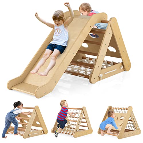 HONEY JOY 4-in-1 Triangle Climber with Ramp, 3-Side Kids Climbing Triangle Ladder with Net Rope & Bars, Wooden Montessori Climbing Toys for Toddlers Daycare, Gym & Playground, Gift for Kids, Patented - color: Natural, size: 4-In-1 with Ramp