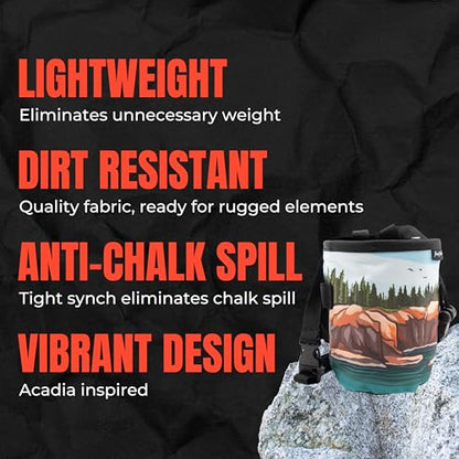 Rock Climbing Chalk Bag | for Outdoor, Gym, & Bouldering | Adjustable Waist Belt, Durable Drawstring Closure, & Zippered Pocket - style: Acadia
