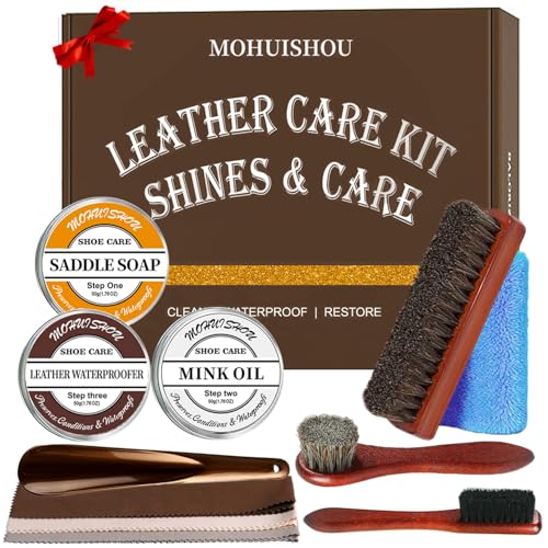 12 PCS Leather Care Kit - Horsehair Brushes,Saddle Soap,Waterproofing Wax,Mink Oil ,Polishing Cloth,Microfiber cloth,Boot Shoe Shine Cleaning Kit Gift for Men Cowboy Husband Dad birthdays Festive