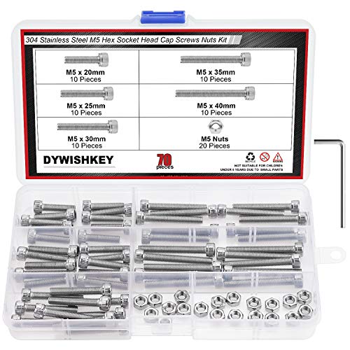 DYWISHKEY 70 Pieces M5 x 20mm/25mm/30mm/35mm/40mm Stainless Steel 304 Hex Socket Head Cap Bolts and Nuts Kit