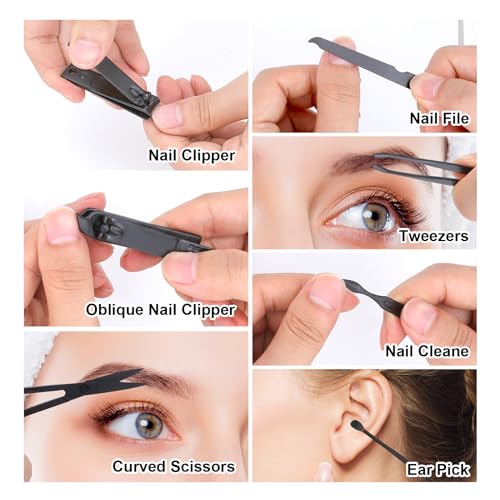 Manicure Set-Stainless Steel Nail Care Set-Professional 7 in 1 Ingrown Toenail Clipper Grooming Tool-Pedicure Kit & Toe Nail Cutter-Thick Nail Scissors Toiletries with Cuticle Trimmer (Black) - color: Black