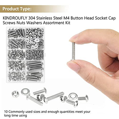 372 Pieces M4 x 6/8 /12/16 /20/25 /30mm Button Head Socket Cap Screws Nuts Washers Assortment Kit, 304 Stainless Steel, Fully Machine Thread - size: M4, style: Button Head