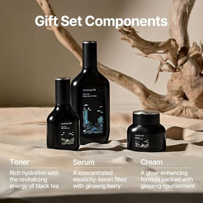 Pyunkang Yul PKY Black Tea Line Gift Box Set, Deep Nurishment for Anti-aging, Rich Moisture Toner, Revitalizing Serum & Condensed Nourishing Cream, Zero-Irritation, Korean Skincare (3-item set) - color: Black tea line(Gift-Wrapped)