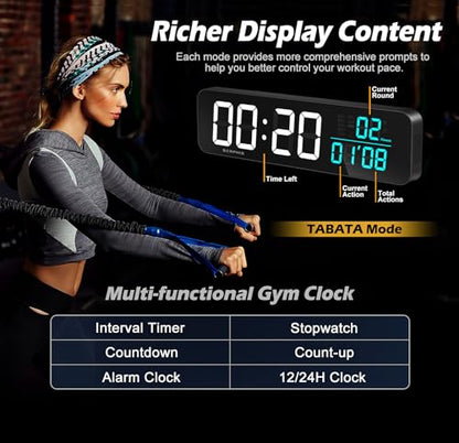 15.2" Gym Timer, App & Remote Control, Customizable LED Colors, Temperature, Date, Workout Interval Timer Stopwatch Countdown Large Digital Wall Clock for Home Gym Garage