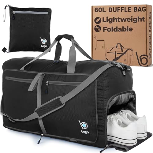Bago Large Duffle Bag for Travel Women & Men. Durable Lightweight Foldable Travel Duffel Bags For Traveling Women. 60L Duffle Bags For Overnight Bag With Shoe Compartment Collapsible Weekender duffel - color: Black, size: 60L