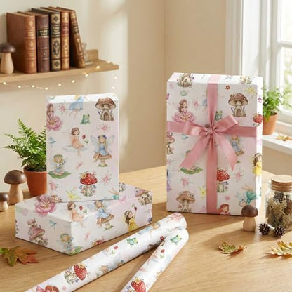Liobelon Fairy Wrapping Paper Roll – 17" x 16.4 Ft Enchanted Forest Gift Wrap with Mushroom Houses, Flowers & Butterflies – Magical Birthday, Princess Party, Wedding Shower & DIY Craft Supplies - color: Fairy
