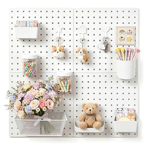 4-Pack Pegboard Wall Organizer, 11” x 11” Wall Mounted Boards with 10 Accessories, for Study Room, Kitchen, Garage, ABS Plastic, Screw or Adhesive Installation, Supports up to 110 lbs (White) - color: White