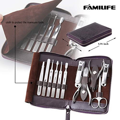 FAMILIFE Manicure Set, Nail Clippers Set Professional Manicure Kit 11 in 1 Stainless Steel Pedicure Tools Nail Kit Mens Grooming Tool with Portable Leather Travel Case Dark Violet Birthday Gifts - color: Purple