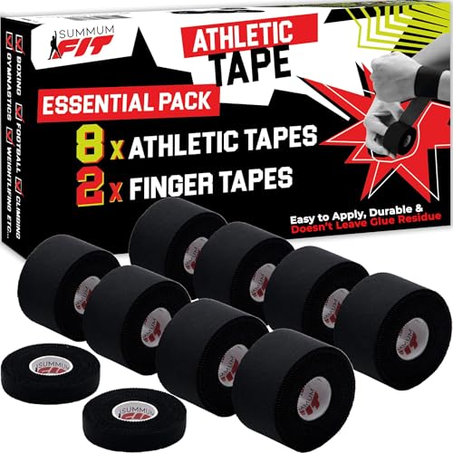 Black Athletic Tape for Sports with Extra Finger Tape - 8+2 Set | Easy-Tear, Sweat-Resistant & No Residue Tape for Boxing, Football, Climbing or Gymnastics for Wrist, Ankle & Hand Protection - color: Black, size: 8+2 Set