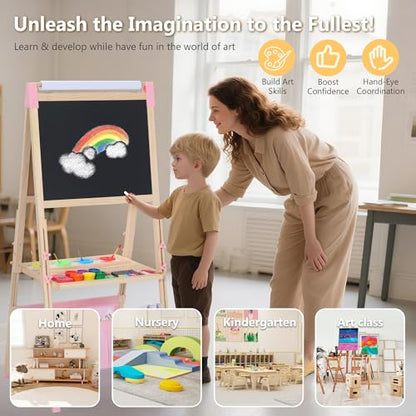 Kinder King Adjustable Wooden Kids Art Easel, Paper Roller, Storage (Pink) | Double-Sided Magnetic Whiteboard & Chalkboard, Art Supplies, Indoor & Outdoor, Painting & Drawing, 3 Years+, Gift - color: Pink