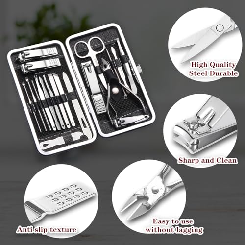 19-Piece Manicure & Pedicure Set - Premium Stainless Steel Nail Care Tools - Portable Grooming Kit - Gift for Men & Women - Black