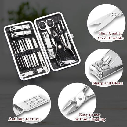 19-Piece Manicure & Pedicure Set - Premium Stainless Steel Nail Care Tools - Portable Grooming Kit - Gift for Men & Women - Black